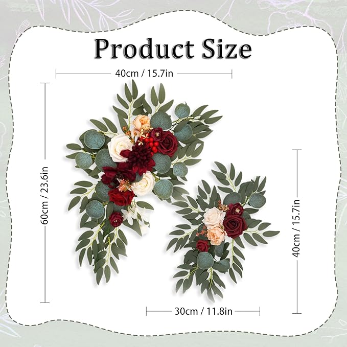 Faux Flower Swag Set of 2, Artificial Flowers Swags for Wedding Arch, Wedding Welcome Signs, Welcome Reception Ceremony Signs Decorations Burgundy