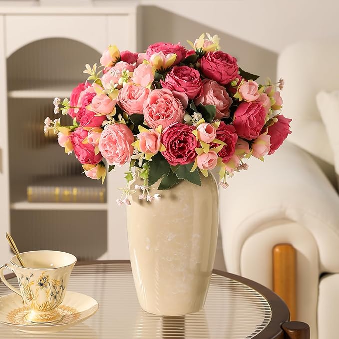 Floweroyal 4 Bunches Peony Artificial Flowers Pink Flowers Silk Peonies Bouquets for Wedding Party Table Centerpieces Floral Arrangement Home Kitchen Decor