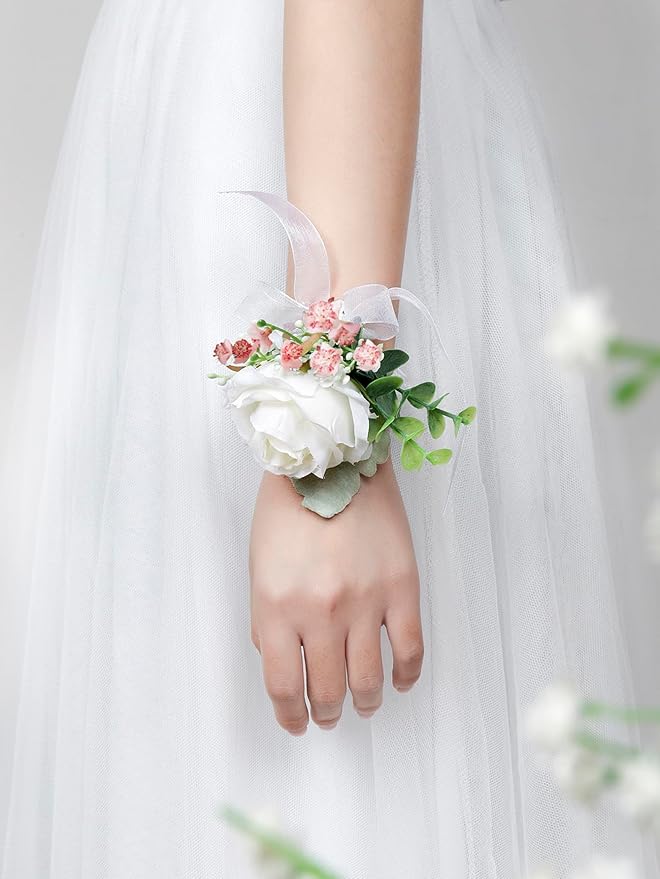 White & Pink Rose Corsage and Men Boutonniere Set for Wedding Ivory Corsages Wristlet Band Bracelet for Wedding Flowers Accessories Prom Suit Decorations