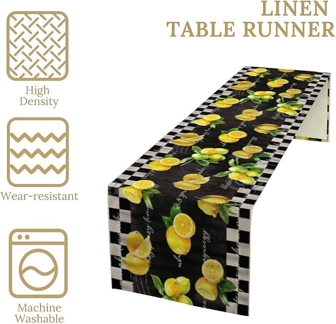 Lemon Table Runner, Summer Yellow Fruits Green Leaves Kitchen Dinning Table Decoration for Indoor Outdoor Home Party Decor 13x36 Inch