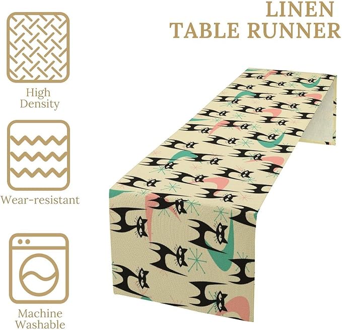 Mid Century Table Runner,Cat Geometric Stripe Colorful Abstract Pattern Print Tablecloth Burlap for Hotel Indoors Outdoor Dining Room Kitchen Holiday Party, 13x108in