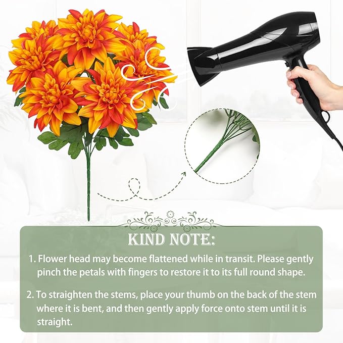 Hollyone Orange Artificial Dahlia Flowers Bush Fake Fall Flowers Artificial for Decoration Outdoor Indoor 7 Heads Silk Faux Dahlias Flower Bouquets Arrangements Centerpieces Fall Decorations for Home