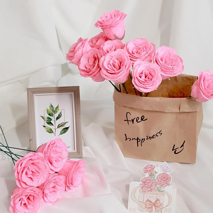 Glitter Roses Bouquet, Shiny Artificial Roses Flowers with Stems DIY Fake Glitter Flowers Bouquet for Valentine's Day, Mother's Day, Anniversary, Graduation, Birthday, Wedding, 36 Roses (Pink)