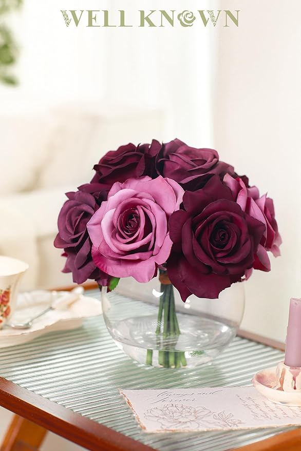 WELL KNOWN Silk Purple and Pink Roses Bouquet in Vase, Artificial Fake Flowers Arrangements in Glass Vase with Faux Water for Home Office Hotel Birthday Wedding Party Table Decoration & Mom's Gift