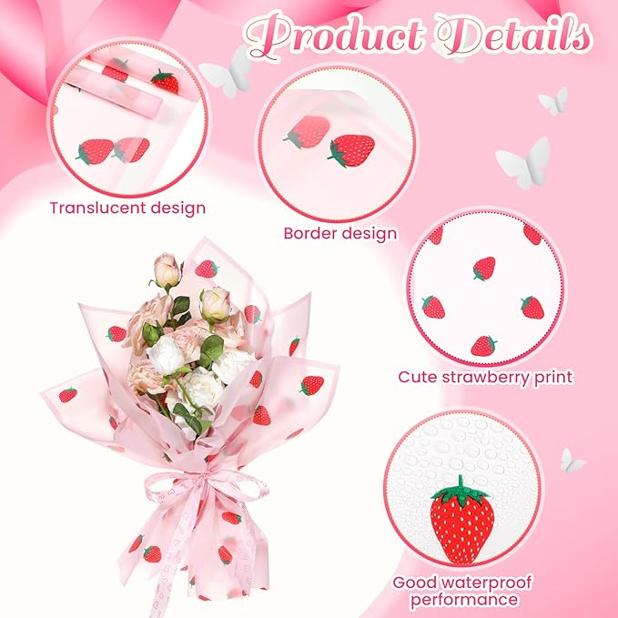 Liobelon 20 Sheets Flower Wrapping Paper Waterproof Bouquet Paper with Strawberry Pattern Pink Gift Wrapping Paper for Flower Shop, Wedding, Birthday Party, Handmade DIY, Anniversary 22.8 x 22.8Inch