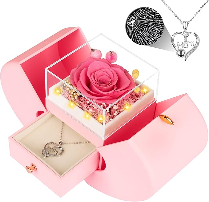 Gifts for Mom from Daughter and Son, Unique Mother Birthday Gift Idea, Preserved Pink Real Roses with I Love You in 100 Languages Mom Necklace, Cool Present to Mother Mama-Pink