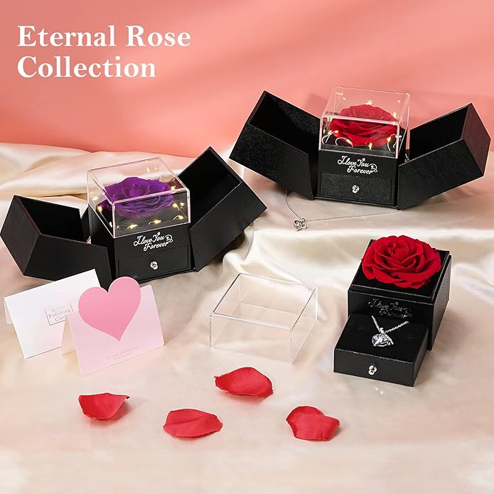 Emibele Preserved Rose Gifts for Women, Eternal Flower Rose Box with Heart Necklace, Romantic I Love You Gifts for Her Women Wife Mom Grandma on Valentines Mothers Day Birthday Anniversary