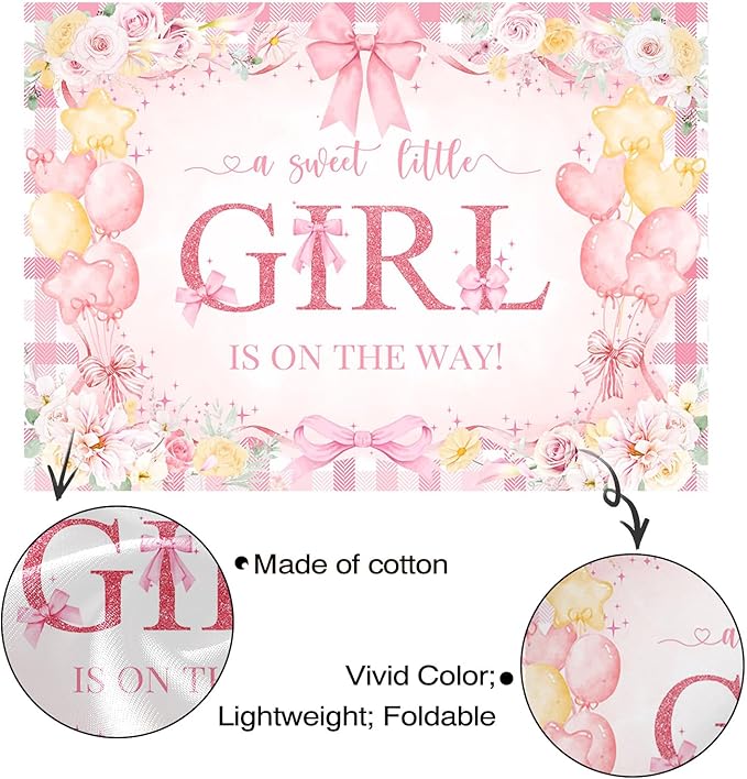 Mocsicka 7x5ft Girl Baby Shower Backdrop Pink Bow Floral Sweet Baby Girl is On The Way Decorations Banner Watercolor Balloon It's a Girl Banner Photo Booth Props (7x5ft (82x60 inch))