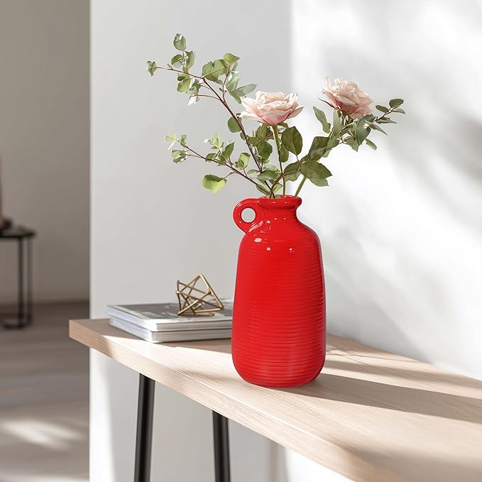 Sunddo Red Ceramic Vase - 10 Inch Modern Flower Vase for Home Decor, Decorative Vase with Handle, Red Decor for Entryway, Bedroom, Office, Centerpiece Table Decorations
