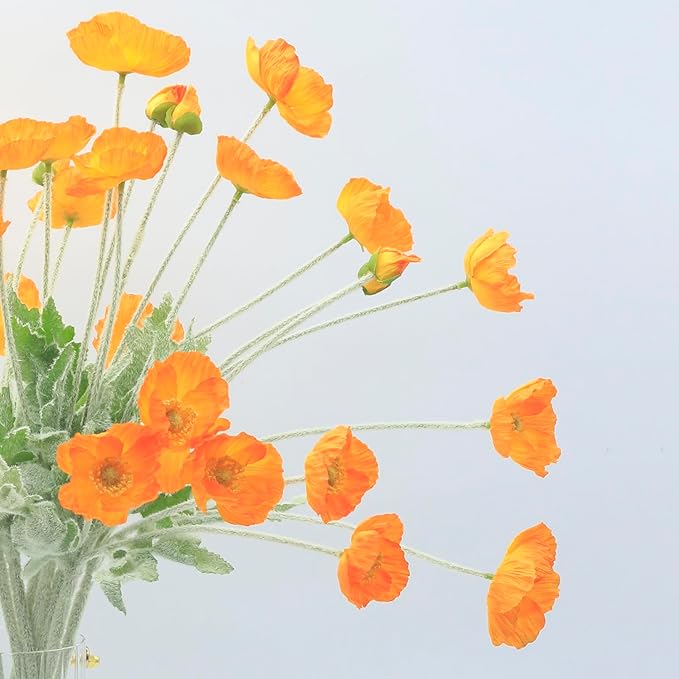 2 Pcs Artificial Fake Flowers Poppies Silk Flower Arrangements Wedding Bouquets Decorations Plastic Floral Table Centerpieces for Home Kitchen Garden Party Decor Approx 23.6" High - Light Orange