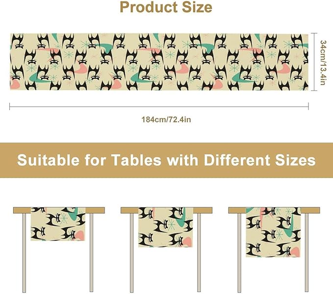 Mid Century Table Runner,Cat Geometric Stripe Colorful Abstract Pattern Print Tablecloth Burlap for Hotel Indoors Outdoor Dining Room Kitchen Holiday Party, 13x70in