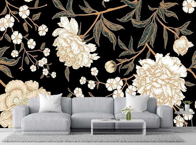 Peony Flower Retro Seamless Pattern Wallpaper, Large Art Background Wall Mural for Bedroom and Living Room(Non-self-Adhesive)