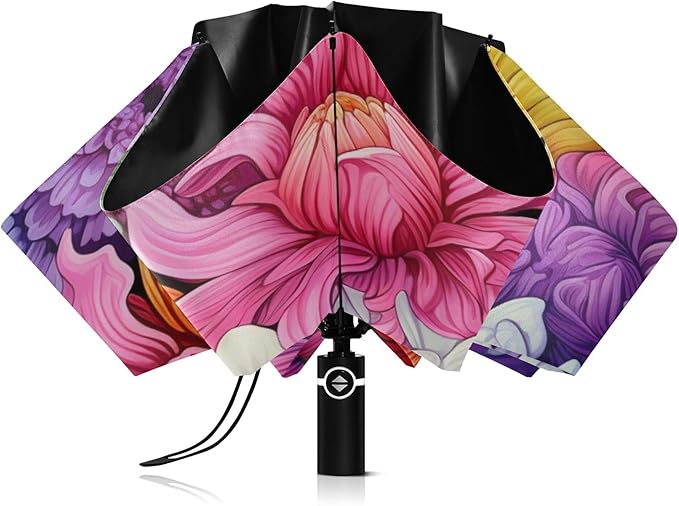 Automatic Folding Umbrella Windproof Strong, UV Protection Compact Floral Hydrangea Hummingbird Sun Rain Sun Rain Travel Umbrellas for Women Men