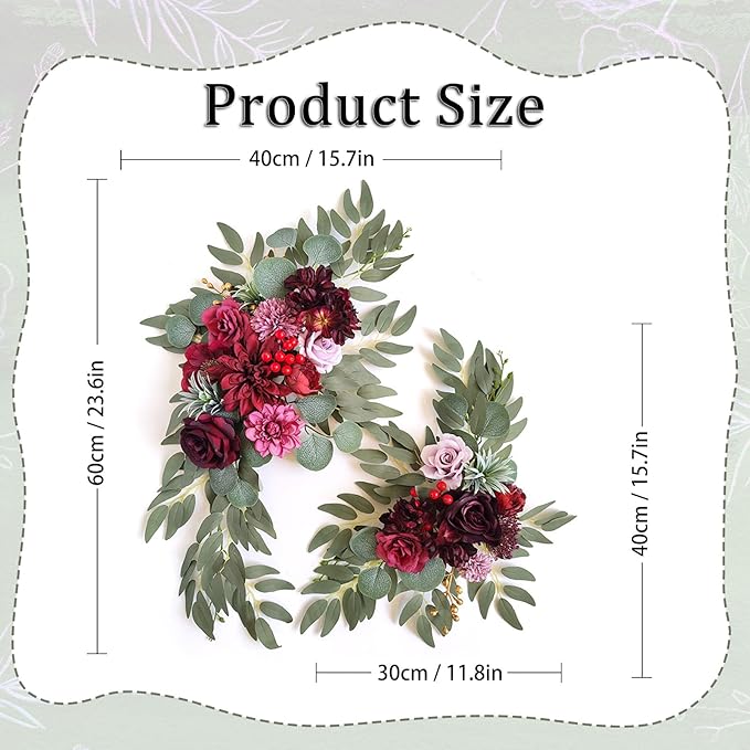 Faux Flower Swag Set of 2, Burgundy Artificial Flowers Swags for Wedding Arch, Wedding Welcome Signs, Welcome Reception Ceremony Signs Decorations