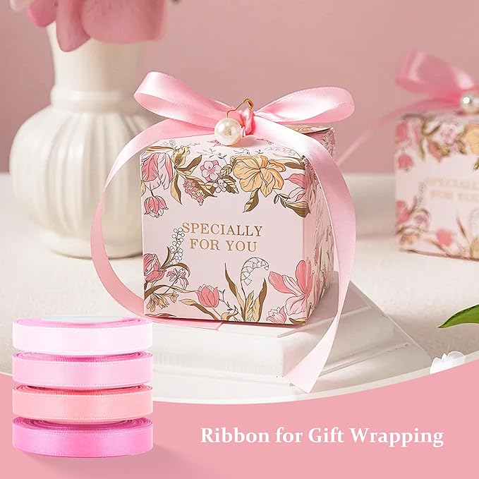 3/8 Inch Pink Ribbon 4 Rolls Total 16 Yards, Mixed Ribbon for Gift Wrapping, Wedding and Birthday Celebrations, Flower Bouquet, Craft Projects, and Christmas Bow-Making