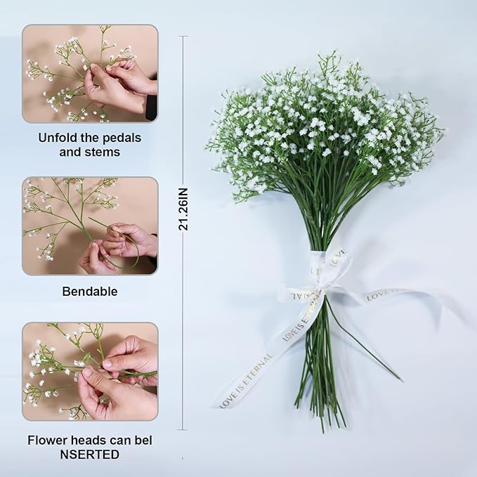 15 Pack Real Touch Artificial Baby's Breath Flowers - 21" Bendable Stems for Wedding Bouquets, Home Centerpieces & Outdoor Decor (Waterproof, Dustproof, White)