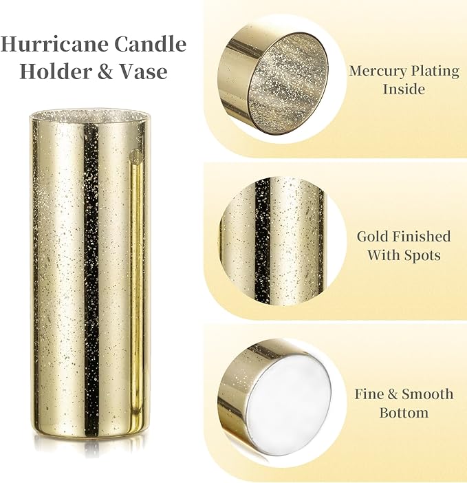 Glass Cylinder Vases Set of 12, Hewory Glittery Gold Vase for Centerpieces, Glass Hurricane Candle Holders for Pillar Floating Candle, Tall Round Vase for Wedding Anniversary Events Home Table Decor