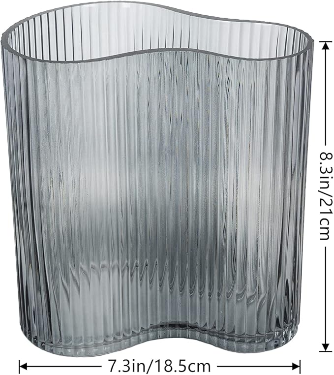 Glass Vase for Centerpieces,Modern Large Vase for Flowers,Footprint Shape Striped Bottle for Home,Office Restaurant Desk Decor 8.3 Inch(Gray)