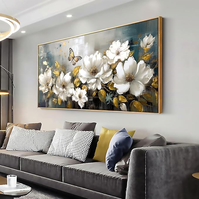 Wall Art Modern Flower Artwork Paintings White Blossom Gold Leaf Butterfly Landscape Picture wall Decor for Living Room Bedroom Kitchen 24"x48" with Framed