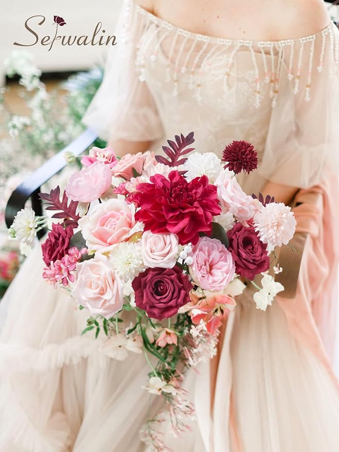 Serwalin Burgundy Hot Pink Artificial Flowers Silk Flowers Fake Cake Flowers Arrangements for DIY Wedding Bouquets Party Table Centerpieces Home Decorations Indoor Outdoor