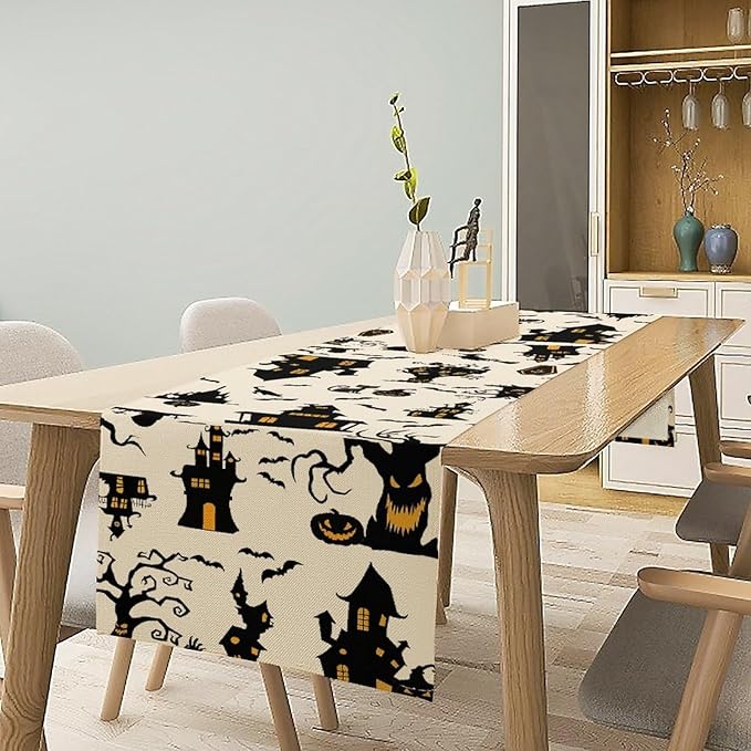 Halloween Table Runner, Retro Gothic Spoonky House Day of Death Mysterious Halloween Coffee Table Center Decor for Home Kitchen Dining Patio Holiday Party Table Decorations 13x108 inches