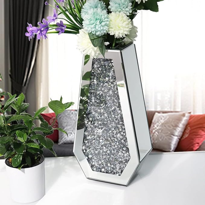 Flower Vase Crushed Diamond Mirrored Vase Crystal Silver Glass Decorative Mirror Vase Large Size Luxury for Home Decor. Diamond Shape Thickened. Can’t Hold Water.