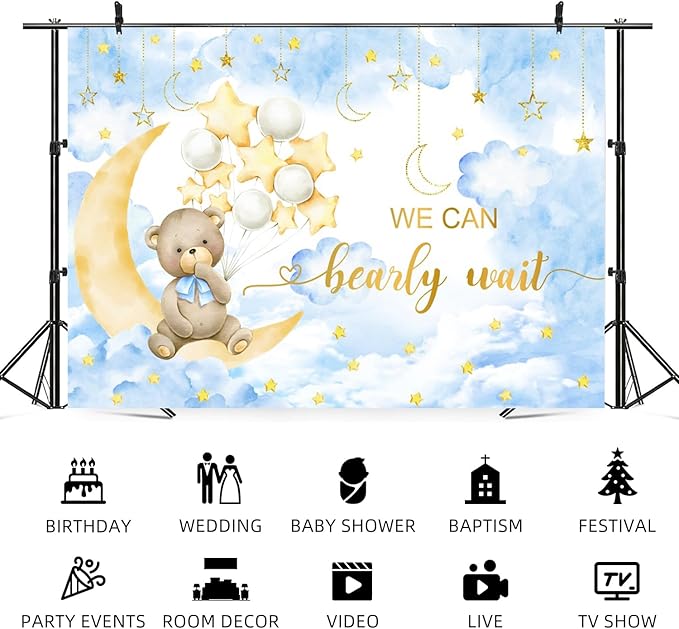 15x8ft Baby Shower Backdrop We Can Bearly Wait Photography Background Bear White Balloons Blue Clouds Moon Stars Cartoon Banner Decorations Birthday Party Newborn Portrait Photo Booth Prop