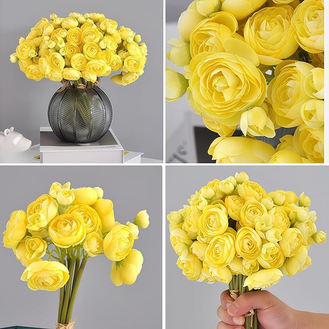 ASTRYAS 18Pcs Ranunculus Artificial Flowers, Yellow Faux Silk Mini Peony Flowers Fake Peonies Wedding Flowers DIY Bouquet for Centerpieces Arrangements Bridal Shower Decorations