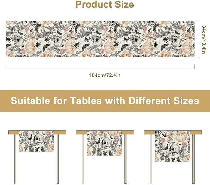 Gothic Table Runner,Black White Skull Moth Pumpkin Halloween Table Runner for Home Kitchen Table Dining Garden Farmhouse Wedding Party Decor 13x36 Inch