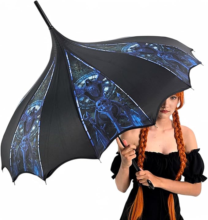 Pagoda Umbrella - Artisan Design with Bat Wing Scalloped Edges, Full Size Waterproof Windproof UV Protection Gothic Parasol with Carry Case