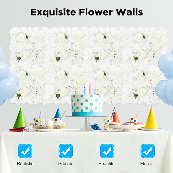 12Pcs Artificial Flower Wall Panel,3D 15" X 15" Silk Rose Mat Artificial Flower Wall,Decorative Backdrop Flower Panels Wall for Wedding Party Stage Baby Shower Decor (White)