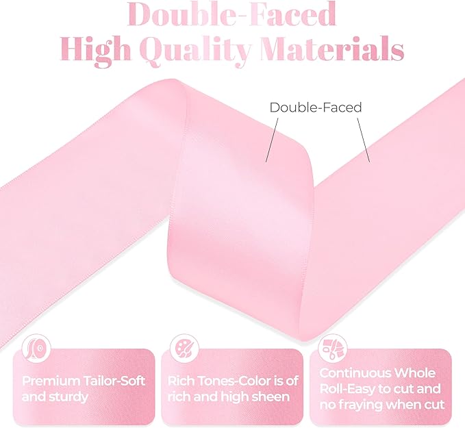 Pink Satin Ribbon, Double Faced 2 Inch X 25 Yards Pink Ribbon, Premium Satin Ribbon for Gift Wrapping, Crafts, Hair Bow Making, Sewing, Flower Bouquet, Wedding Party Decor
