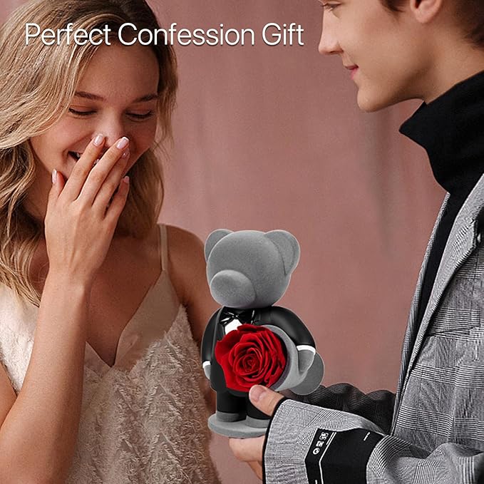 JoyFlower Preserved Flowers with Cute Teddy Bear in Suit, Unique Gentleman Bear Eternal Real Red Rose Romantic Gift with Elegant Gift Box for Girlfriend Wife Her in Valentines Birthday Anniversary
