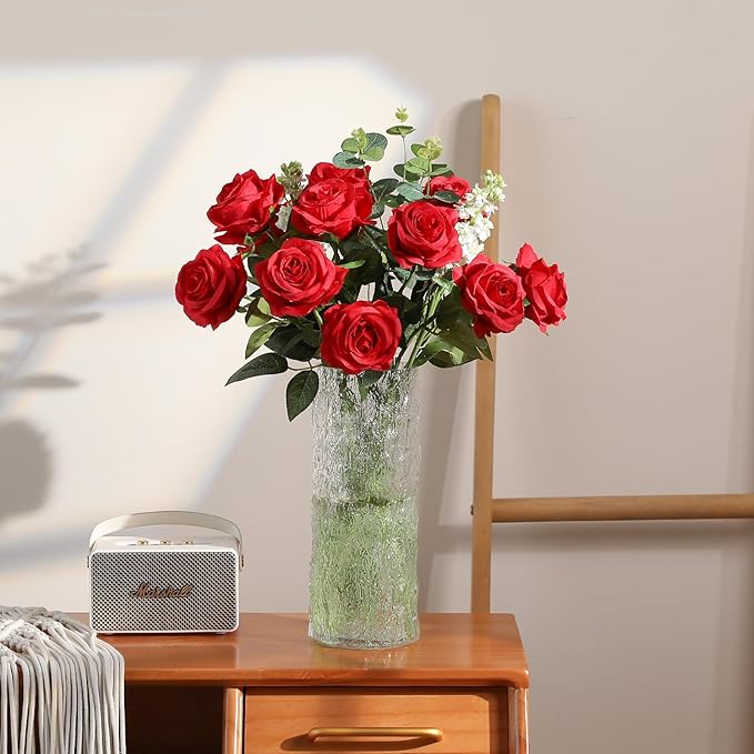 Hawesome 12PCS Artificial Silk Flowers Realistic Roses Bouquet Long Stem for Home Wedding Decoration Party A-Red -1