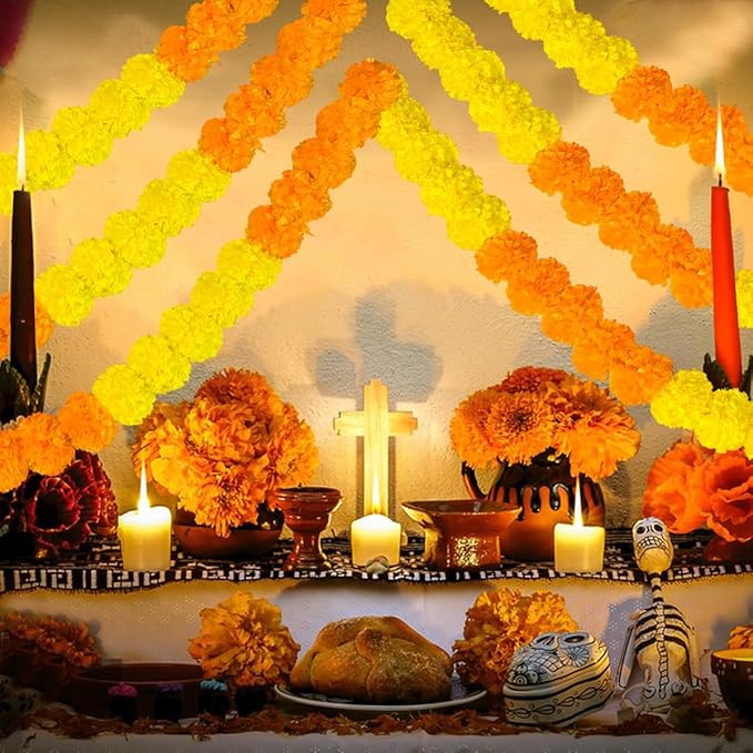 5pcs Marigold Garland for Decoration, 5 Feet Artificial Marigold Flowers Diwali Decorations for Home, Yellow and Orange Artificial Marigold Heads for Diwali Party, Indian Weddings, Halloween, Wreath