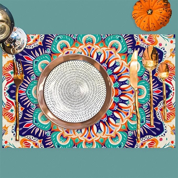 Ethnic Colorful Flower Mandala Placemats Set of 4 PVC Vinyl Non Slip Table Mats Waterproof Heat Resistant Place Mats Washable Wipeable Dining Table Mat for Kitchen Party Farmhouse Indoor Decorative