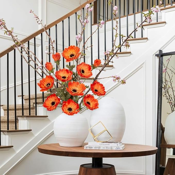 28.3" Orange Artificial Flowers Poppy Flowers 3Pcs Silk Fake Poppy Flowers Real Touch Faux Poppies Spring Flower Long Stem Arrangement with 4 Heads for Party Centerpiece Bouquet Table Home Decoration
