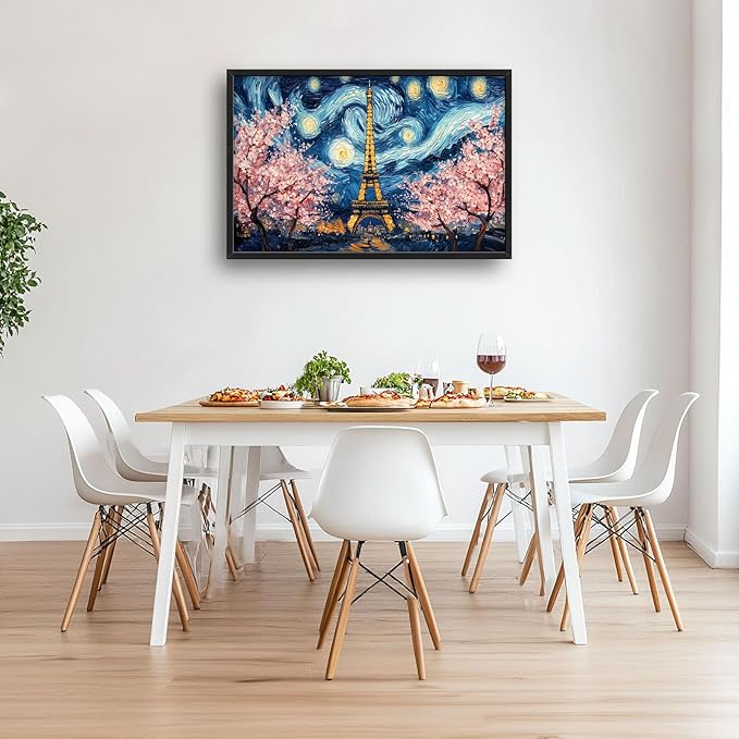 Eiffel Tower Large Wall Art Paris Cherry Blossom Pictures Wall Decor Landmark Landscape Canvas Starry Sky Print Painting Modern Artwork Home Decoration for Living Room Bathroom Bedroom Office Framed 24"x36"