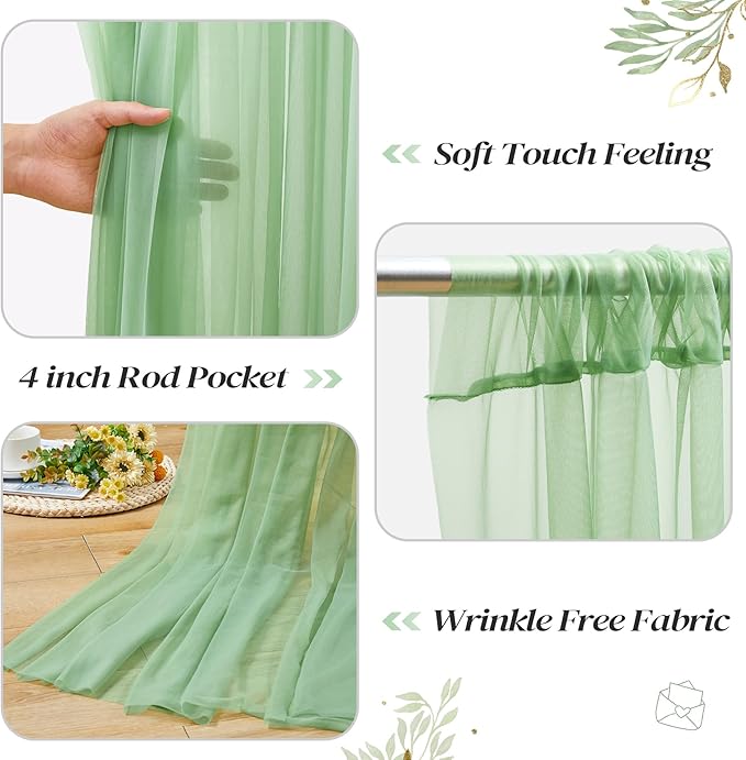 30ft x 10ft Green Backdrop Curtain with Lights String for Parties, Sheer Tulle Wedding Photo Backdrops Drapes for Baby Shower Birthday Party Decorations Background for Photography