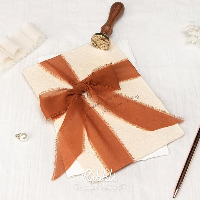 Ribbli Terracotta Chiffon Ribbon 1-1/2 inch x 20 Yard Handmade Fringe Chiffon Silk Ribbon,Black Ribbon for Wedding Invitations, Bridal Bouquets Wrapping, Flower Arrangement Decoration