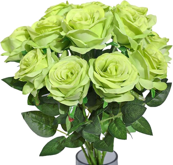 Nubry Artificial Silk Rose Flower Bouquet Lifelike Fake Rose for Wedding Home Party Decoration Event Gift 10pcs (Green)