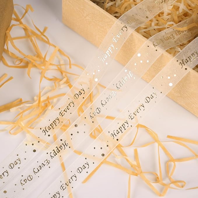 ‌SAYUAN Gold Ribbon 5/8 Inch x 30 Yards Organza Ribbon with Gold HappyEveryDay Pattern for Valentine's Day Birthday Christmas Gift Wrapping Handmade Crafts Floral Bouquet Wedding Party Decoration