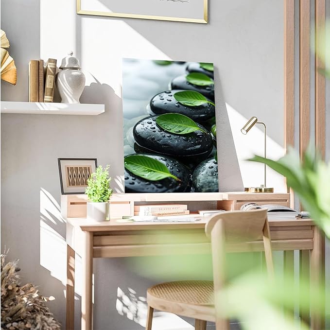Glittering black stone cluster with fresh green leaves and water drops poster tranquil mist rain wall art zen wall art suitable for modern minimalist home decor 32x48in Frameless