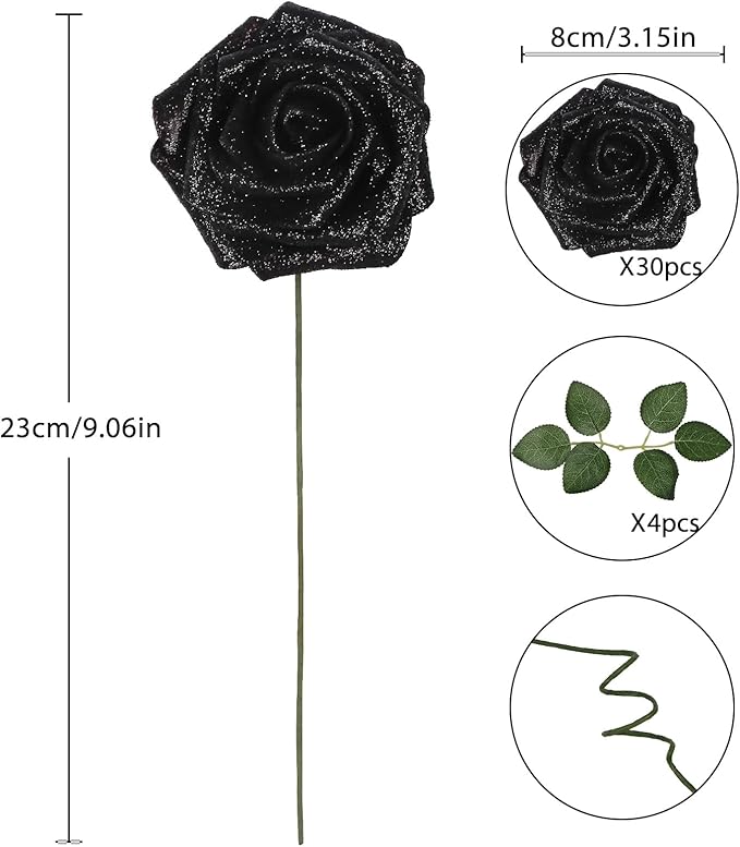 Fake Black Roses 30PCS Glitter Roses 3.15" Artificial Foam Flowers for Wedding Christmas DIY Wreath Home Table Floral Arrangement(Black)
