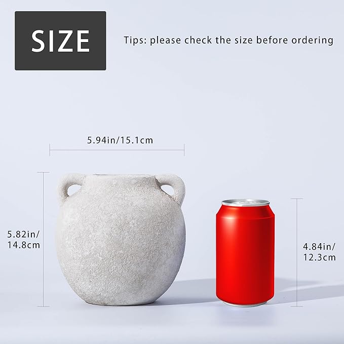 White Ceramic Vase - Short Vases with Hadle - 6 Inch Small Christmas Rustic Decorative Vase Flower, Vintage Terracotta Vase for Home Decor Living Room Shelf Decor Table, Lyeec