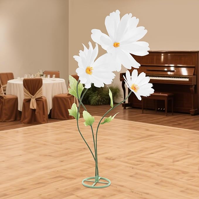 3Pcs Giant Artificial Paper Flowers - Artificial Daisy Flower for Wedding 3-Head Giant Fake Flowers with Standing Stems and Base 6.7ft Tall for Wedding Wall Party & Home Decor (White)
