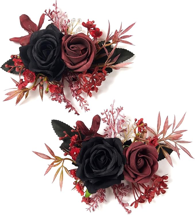 Serwalin Set of 2 Boutonniere for Men, 6-7inch Corsage Groom Groomsman Best Man Boutonnieres for Wedding Prom Ceremony Anniversary Party Cake Topper, Black Burgundy
