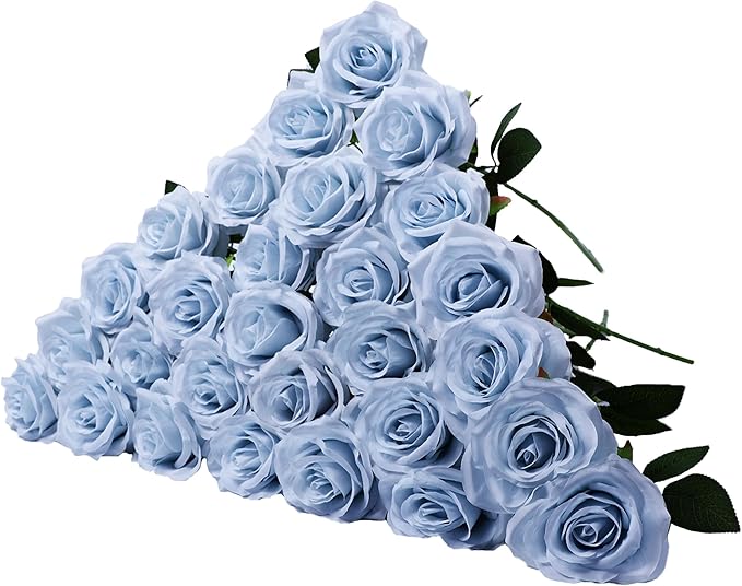 30 pcs Artificial Rose Flower Ice Blue Rose Flower with Long Stem Silk Roses Bouquet for Wedding Bridal Shower Party Home Decoration