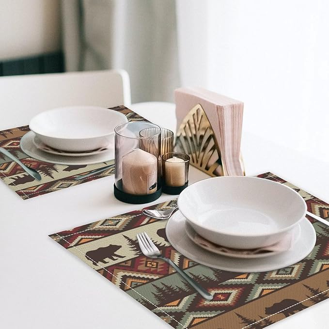 Rustic Lodge Bear Placemats Set of 6, Vintage Cabin Pine Cone Plaid Place Mats, Heat Resistant Non Slip Cotton Linen Dining Table Mats for Home Kitchen Party 18x12 Inch