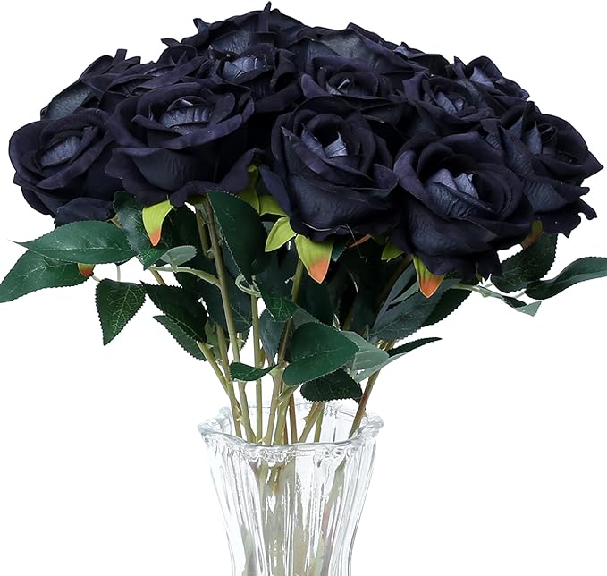 SITUMEIZI 15PCS Black Artificial Roses Silk Flowers Fake Roses Realistic Bouquet Long Stem with Gift Box for Mother's Gift Day Home Party Wedding Decorations